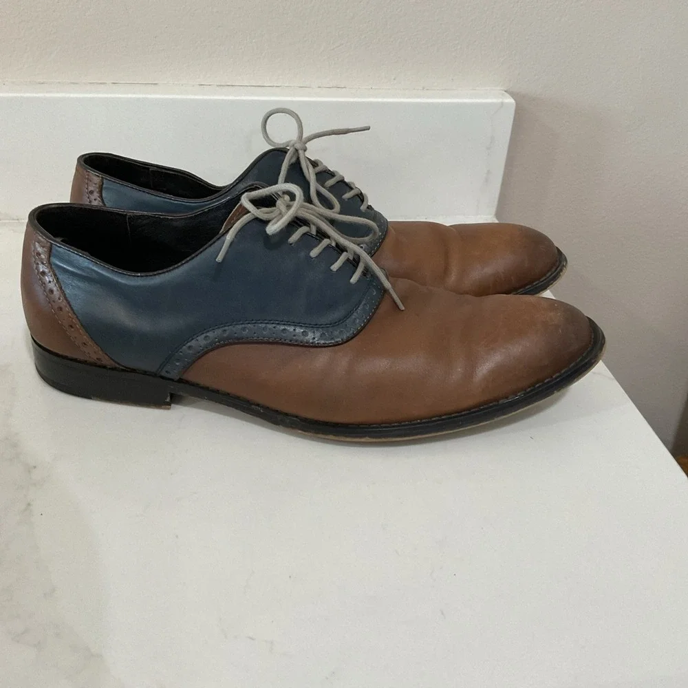 Aston Grey Mens 12 Leather Two Tone Saddle Oxford Dress Shoes Brown Navy Wingtip